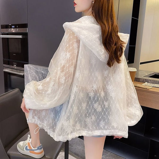 美人度アップ カジュアル 透け感 日焼け対策 チェック柄 パーカー コート<ins-4996>