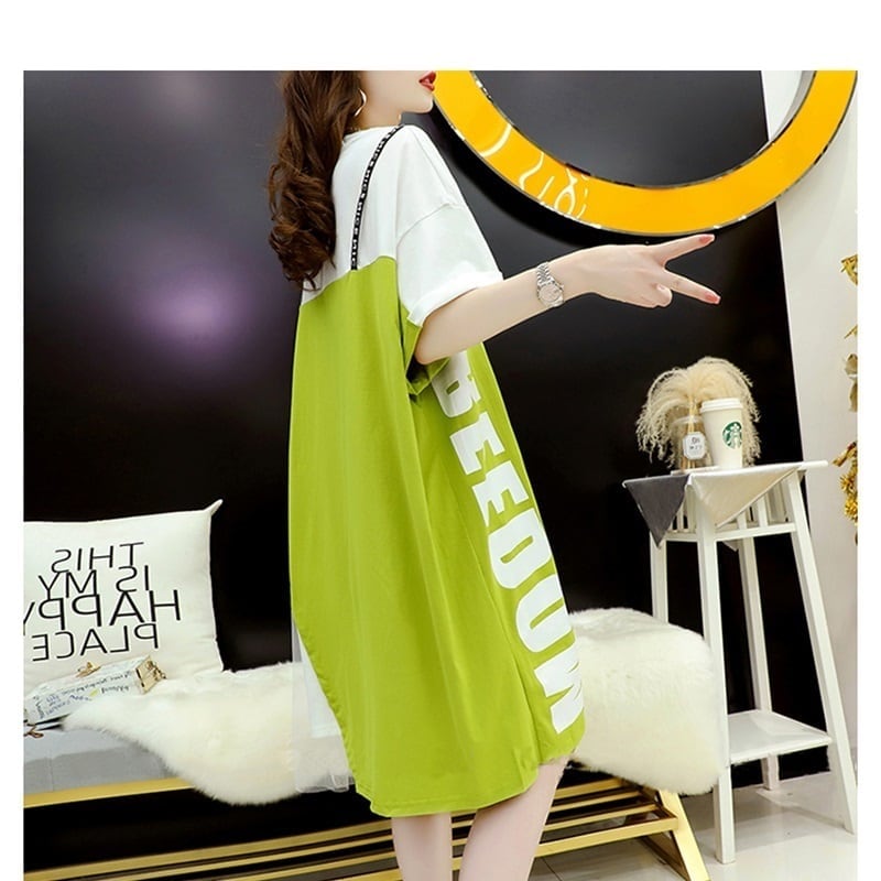 好感度UP 切り替え  レイヤード風 プリント Tシャツ ゆったりワンピース<ins-8105>