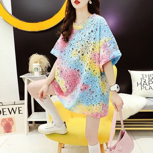 美人度アップ スウィート ゆったり 透かし彫り 半袖Tシャツ<ins-8140>