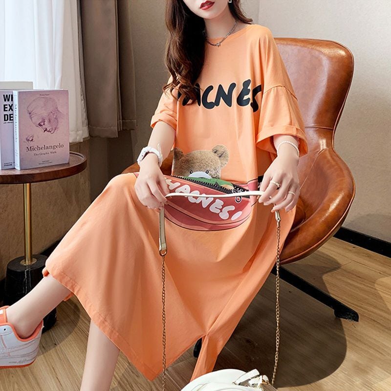 スタイリッシュ カジュアル プリント Tシャツ カットソー ワンピース<ins-8285>