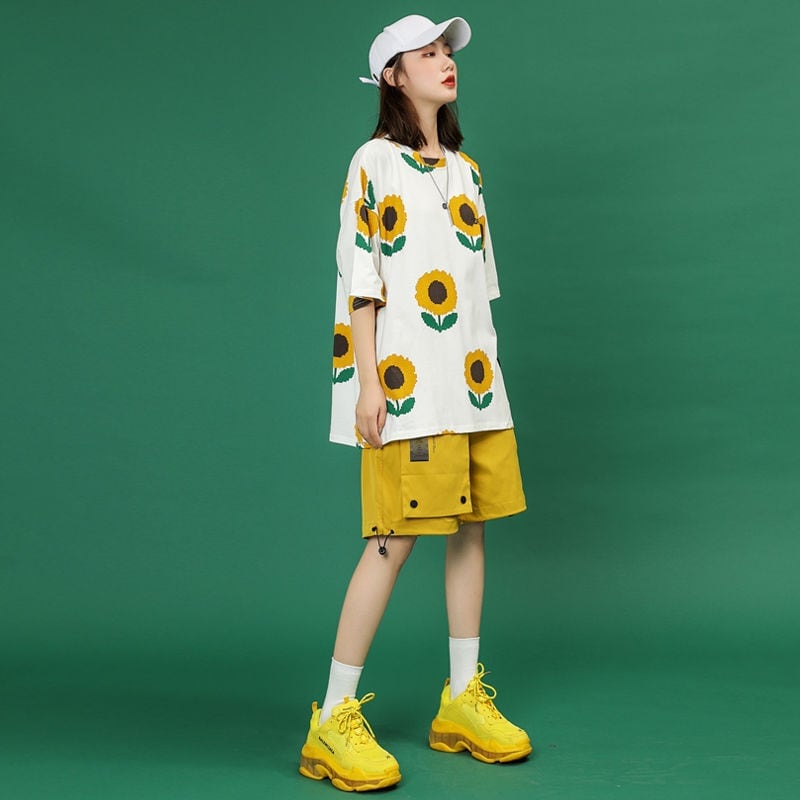 新商品 簡潔 カジュアル 花柄 半袖Tシャツⅹパンツセット<ins-8071>