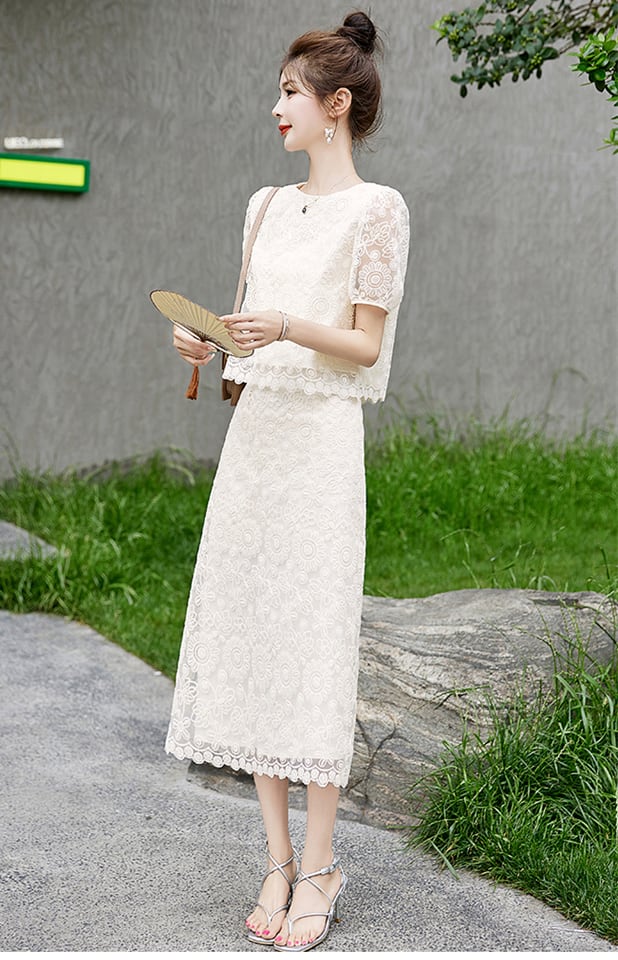 絶対欲しい上品 知的 レース 透かし彫り 半袖Tシャツⅹロングスカートセット<ins-8217>