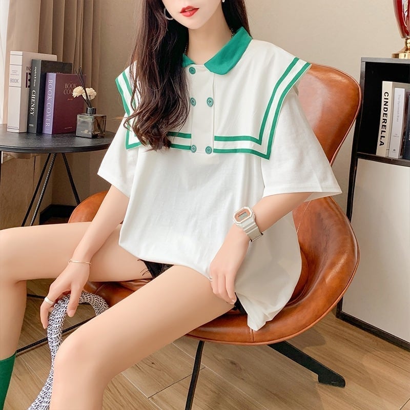 絶対欲しい セーラーカラー ロング Tシャツ 三色 ゆったりワンピース<ins-4028>