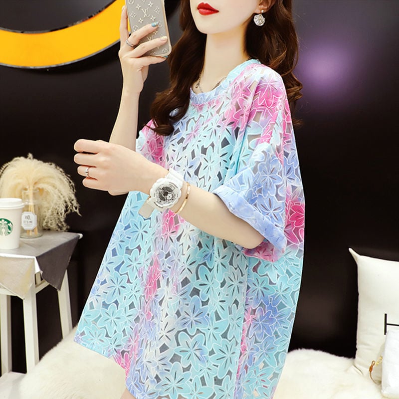 美人度アップ スウィート ゆったり 透かし彫り 半袖Tシャツ<ins-8140>