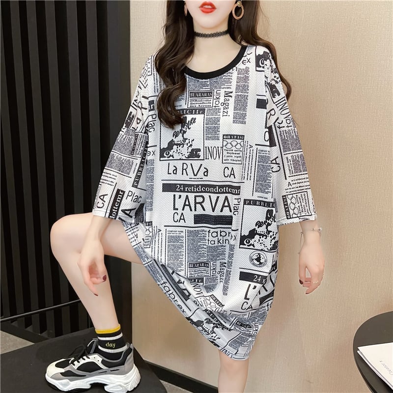 オシャレ度満点 一目惚れ プリント 切り替え ワンピース Tシャツ カットソー<ins-3122>