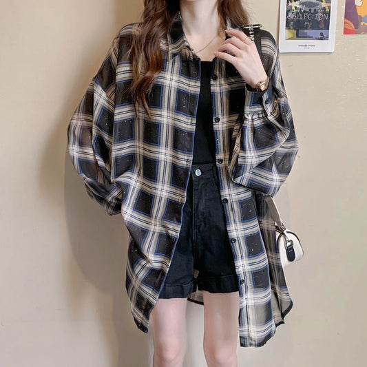 定番シンプル チェック柄 透け感 日焼け対策 全3色 シャツ <ins-8544>