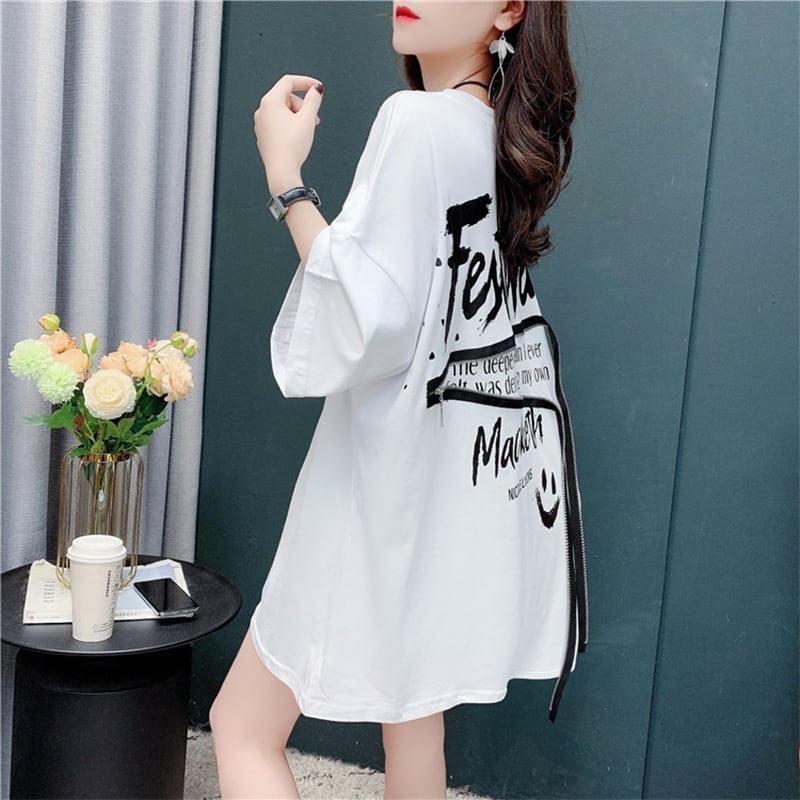 デザイン感 チャーミング 切り替え プリント Tシャツ カットソー<ins-3578>