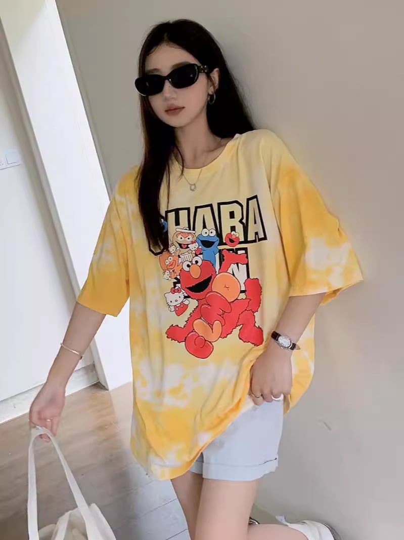 売り切れ必至 絞り染め プリント ビッグロゴ ゆったりトップス 半袖Tシャツ 全2色<ins-8272>