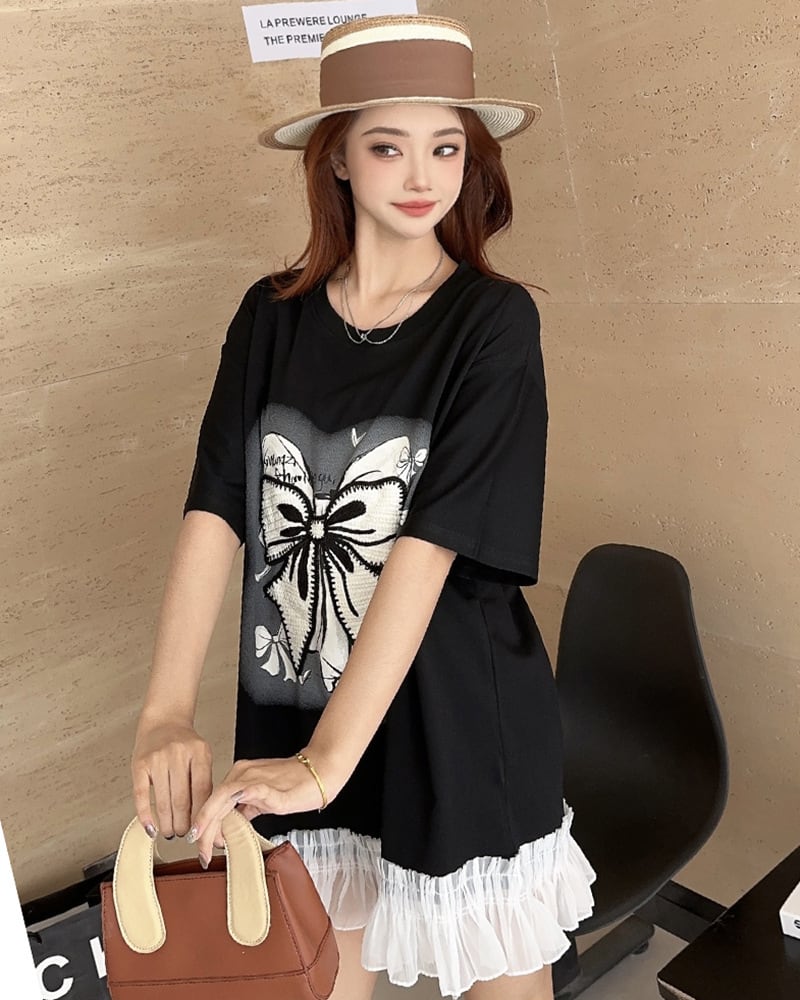 今季マストバイ 切り替え プリントゆったり 半袖Tシャツ 全4色<ins-8256>