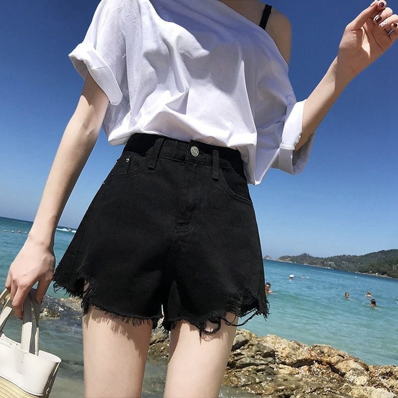 【半額!期間限定!!】シンプルファッションルーズワイドレッグAライン薄いオールマッチリップドハイウエストデニムショートパンツ<ins-3034>