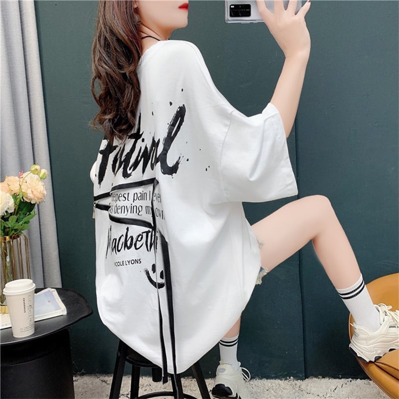 デザイン感 チャーミング 切り替え プリント Tシャツ カットソー<ins-3578>