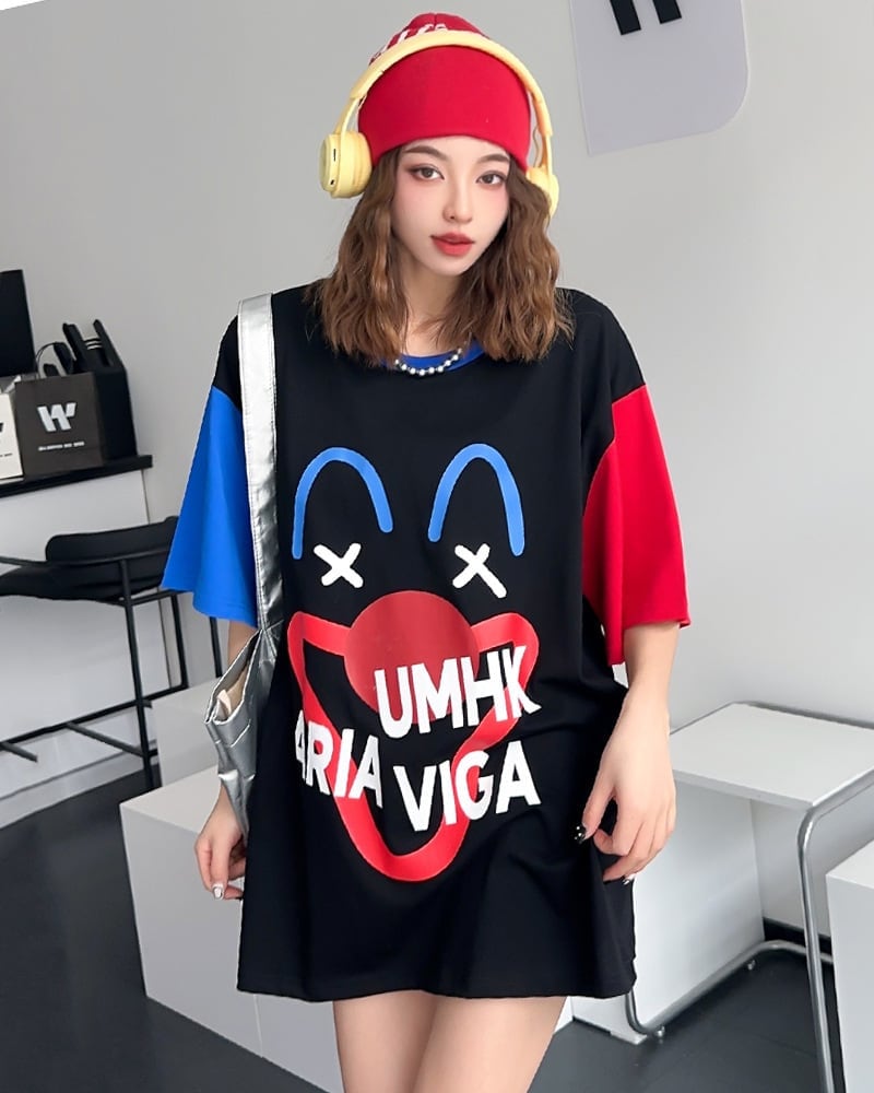 お勧めカラーマッチング ビッグロゴ ゆったり 半袖Tシャツ 全2色<ins-4838>