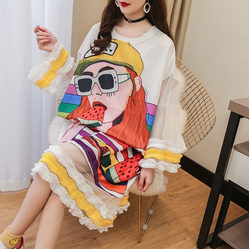 【ランキング上位】プリント お洒落 可愛い 着心地良い ロングTシャツワンピース <ins-887>