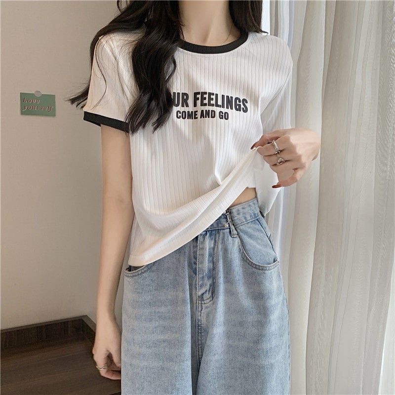 ゆったり感アップ ファッション アルファベット Tシャツ カットソー<ins-3077>