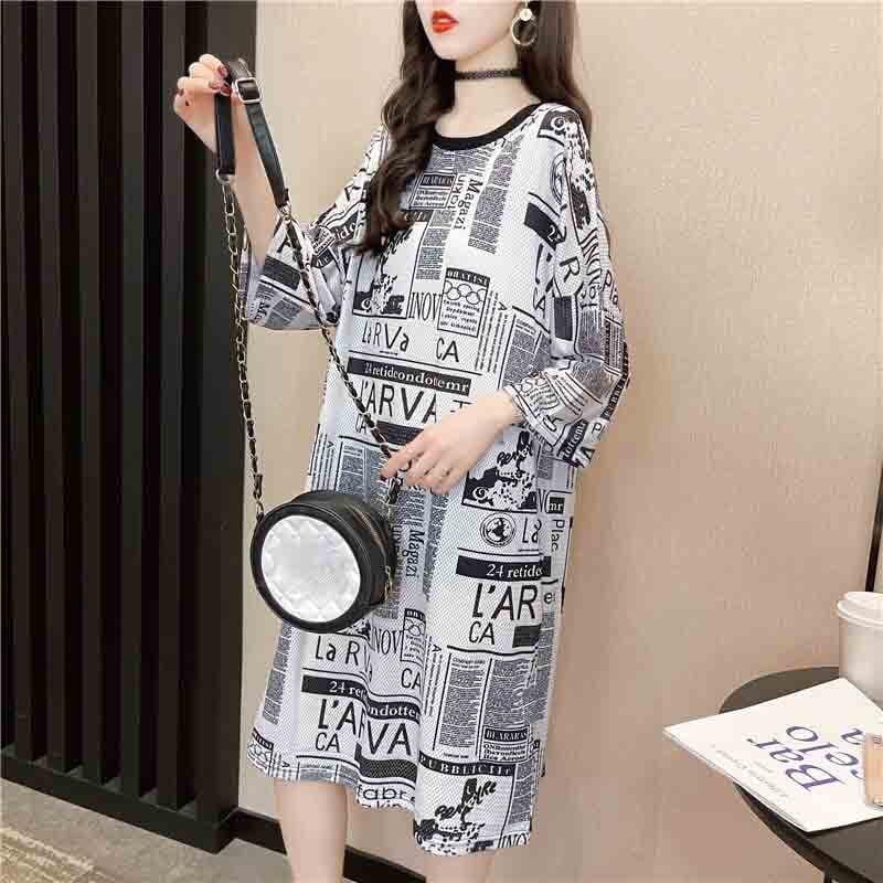 オシャレ度満点 一目惚れ プリント 切り替え ワンピース Tシャツ カットソー<ins-3122>