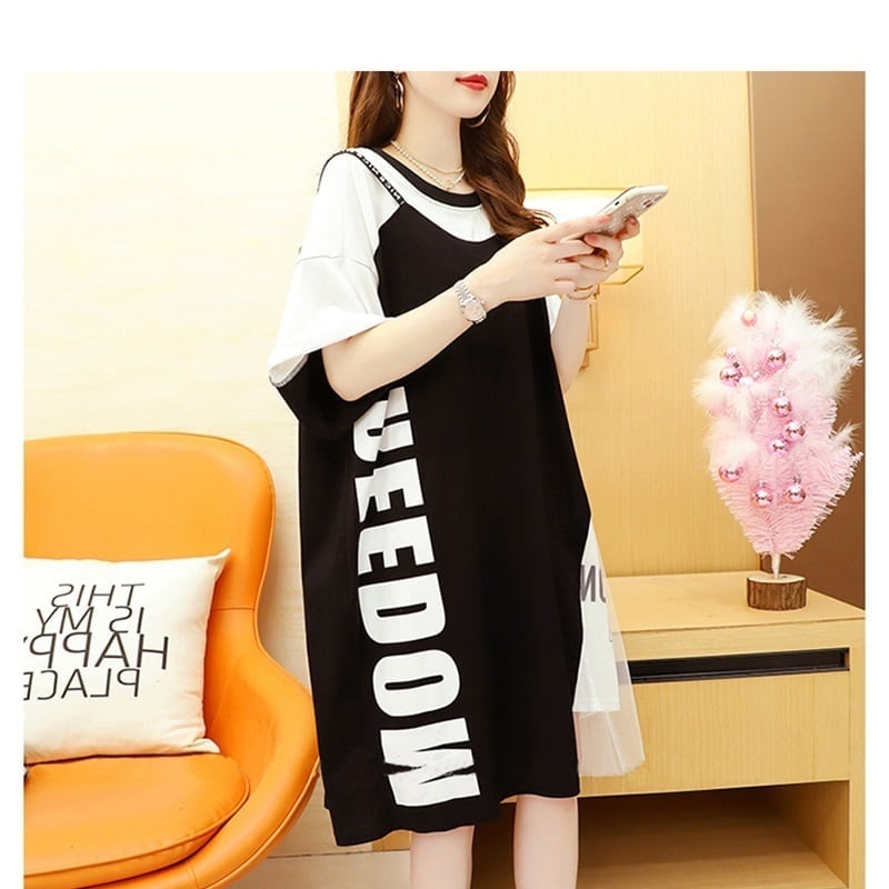 好感度UP 切り替え  レイヤード風 プリント Tシャツ ゆったりワンピース<ins-8105>