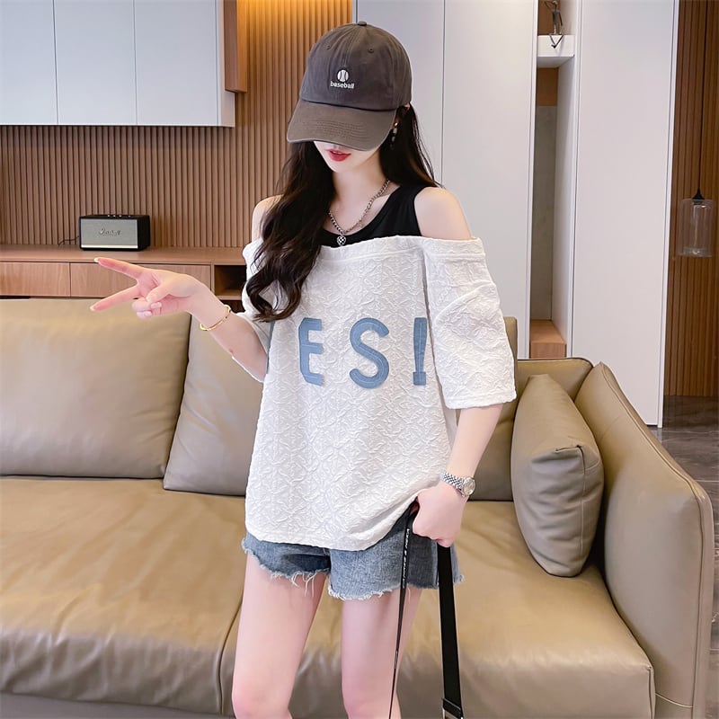 新商品 カジュアル ゆったり プリント オープンショルダー 2色 半袖Tシャツ<ins-8282>