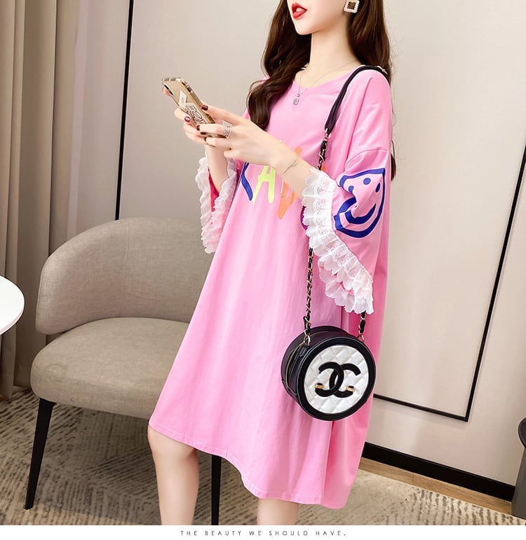 夏新作 オーバーサイズ アルファベット フリル プリントTシャツ 三色 ゆったり半袖<ins-3009>