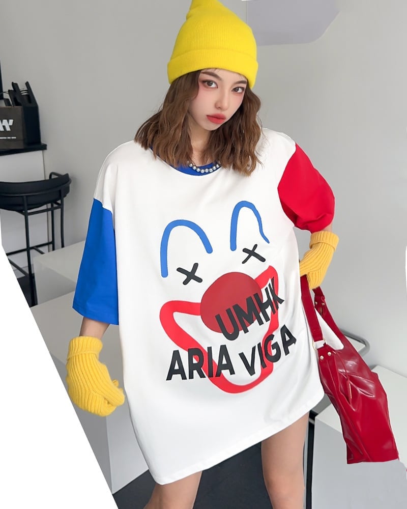 お勧めカラーマッチング ビッグロゴ ゆったり 半袖Tシャツ 全2色<ins-4838>