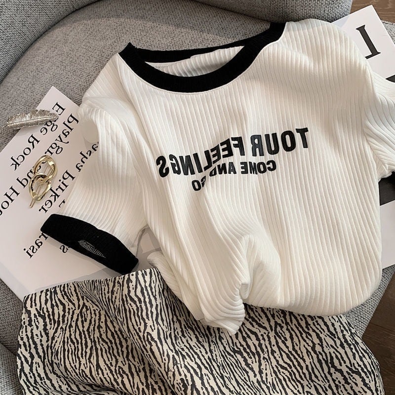 ゆったり感アップ ファッション アルファベット Tシャツ カットソー<ins-3077>