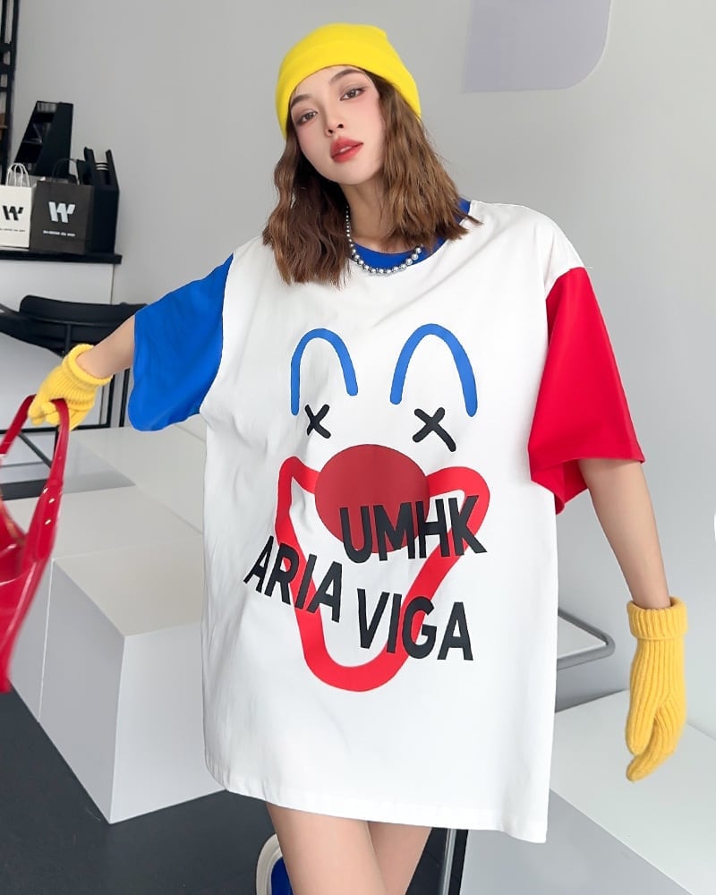 お勧めカラーマッチング ビッグロゴ ゆったり 半袖Tシャツ 全2色<ins-4838>