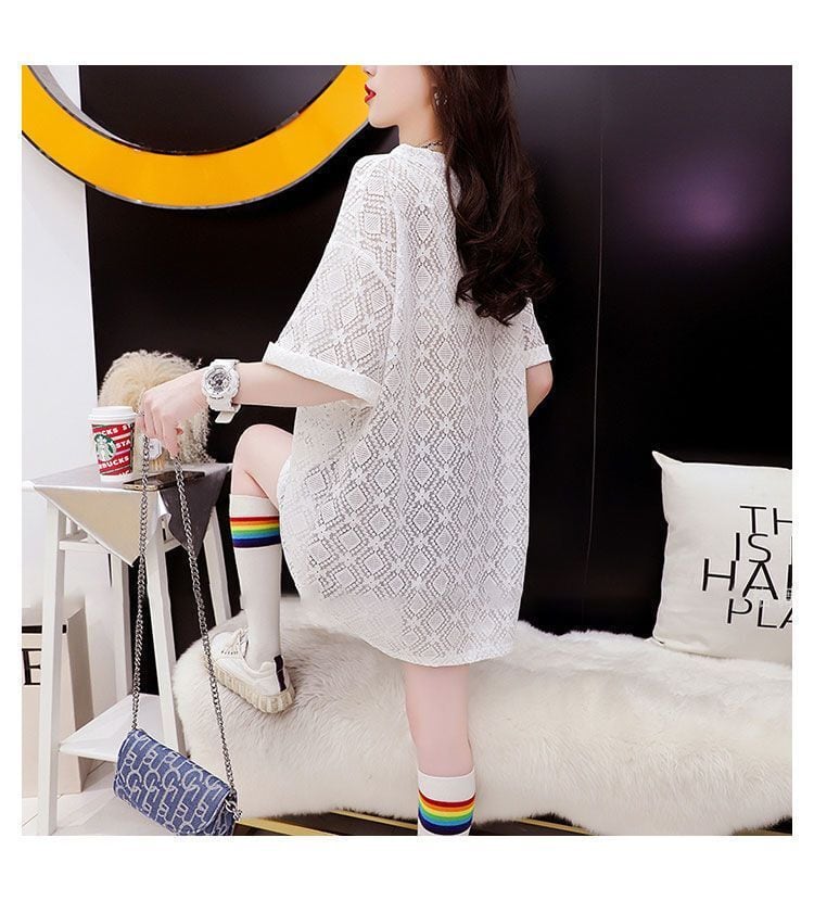 【半額!期間限定!!】新商品 一目惚れ 切り替え 透かし彫り プリント Tシャツ カットソー<ins-8523>