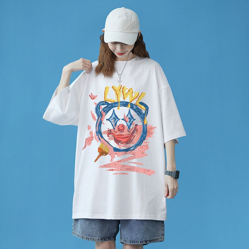 話題沸騰中 カジュアル  ゆったり プリント 2色半袖Tシャツ<ins-8159>