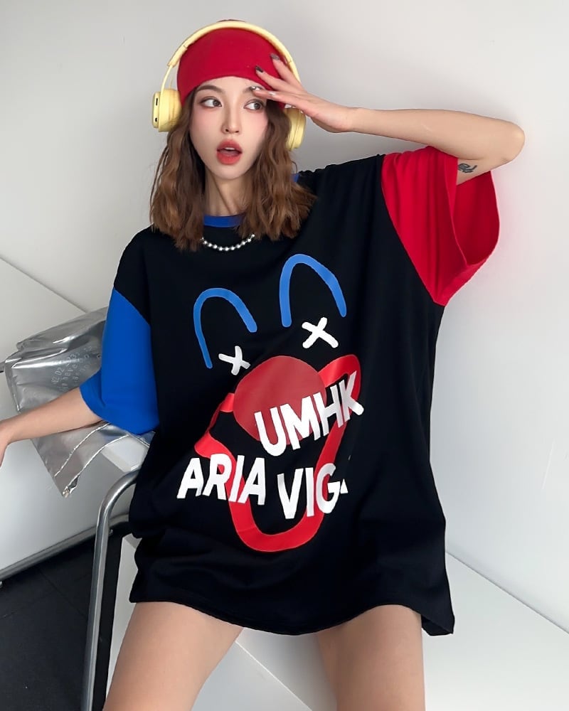 お勧めカラーマッチング ビッグロゴ ゆったり 半袖Tシャツ 全2色<ins-4838>