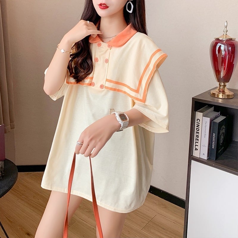 絶対欲しい セーラーカラー ロング Tシャツ 三色 ゆったりワンピース<ins-4028>