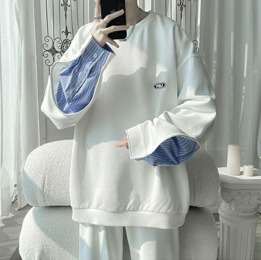 【人気急上昇中】ゆったりトップス 切り替え レイヤード風 スウェット全2色<ins-8081>