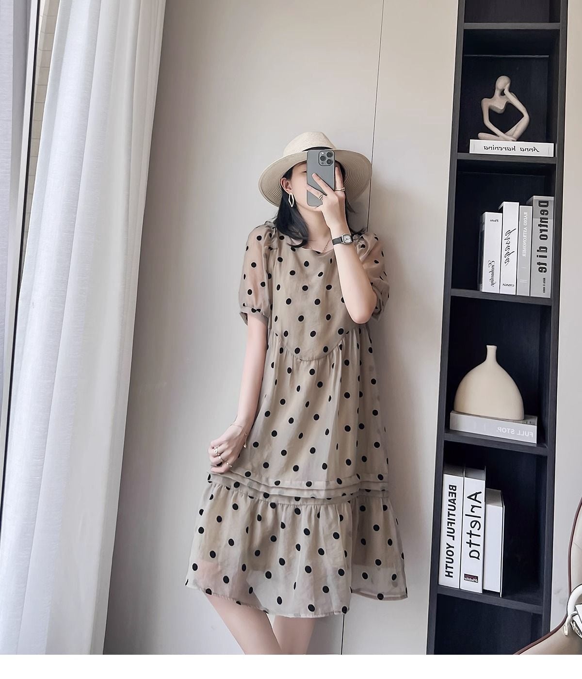 美人度アップ カジュアル エレガント ドット柄 ワンピース<ins-8379>