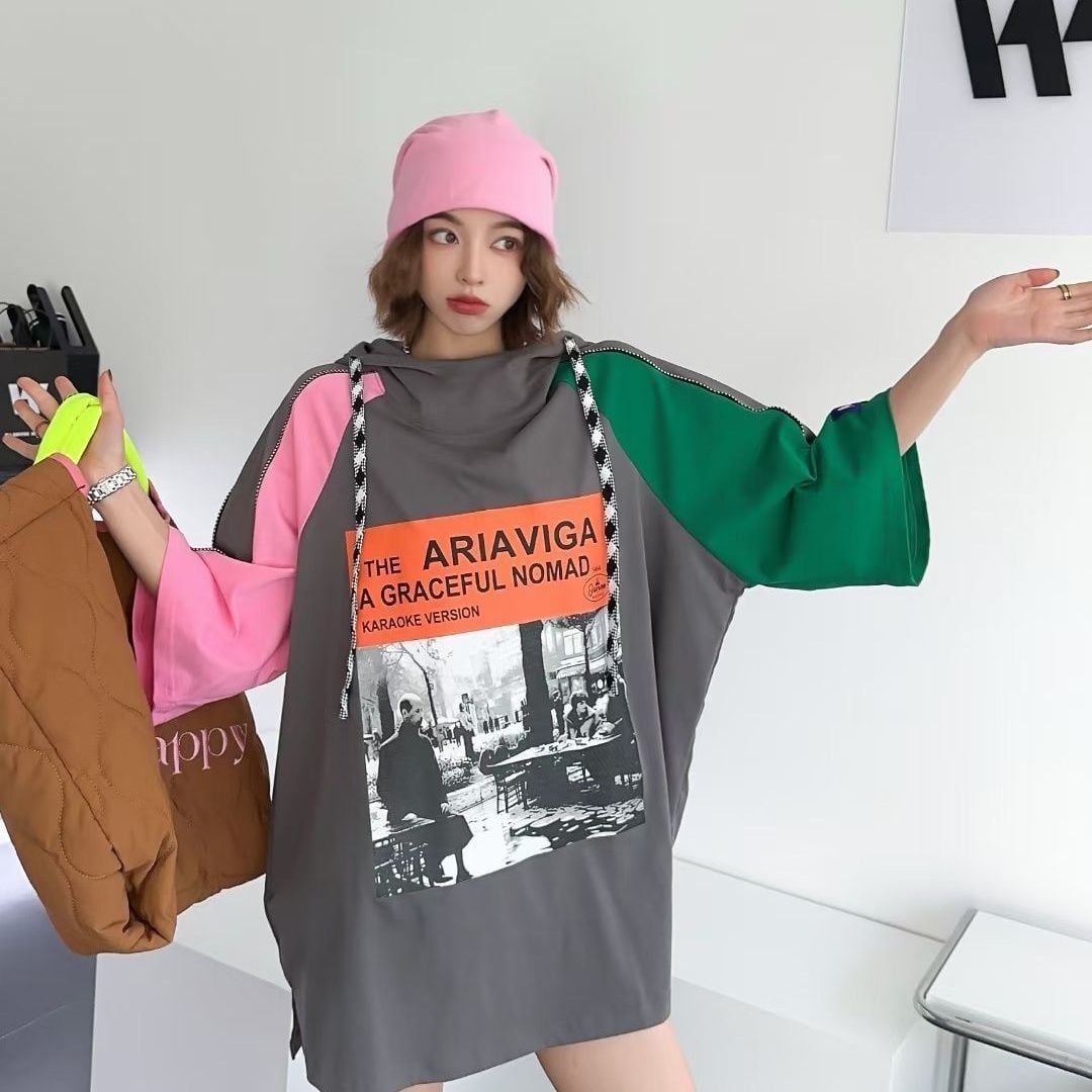 売り切れ必至 カジュアル プリント 切り替え 半袖Tシャツ カットソー<ins-8257>