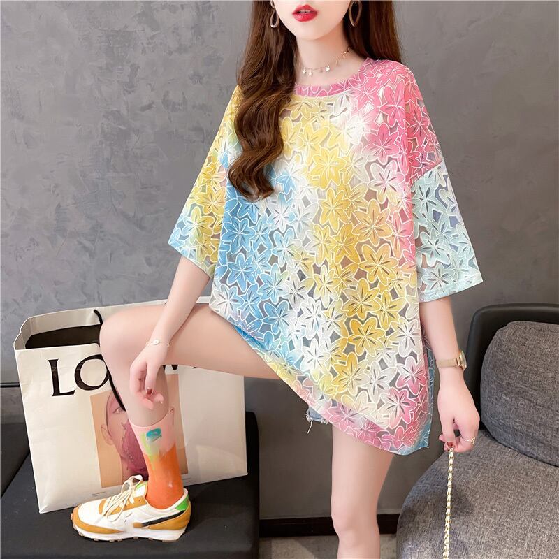 オシャレ度満点 スタイリッシュ ラウンドネック 透かし彫り Tシャツ カットソー<ins-2957>