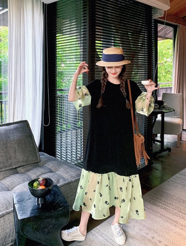 【半額!期間限定!!】話題沸騰中 新作 スウィート 切り替え 花柄 半袖 ワンピース<ins-8177>