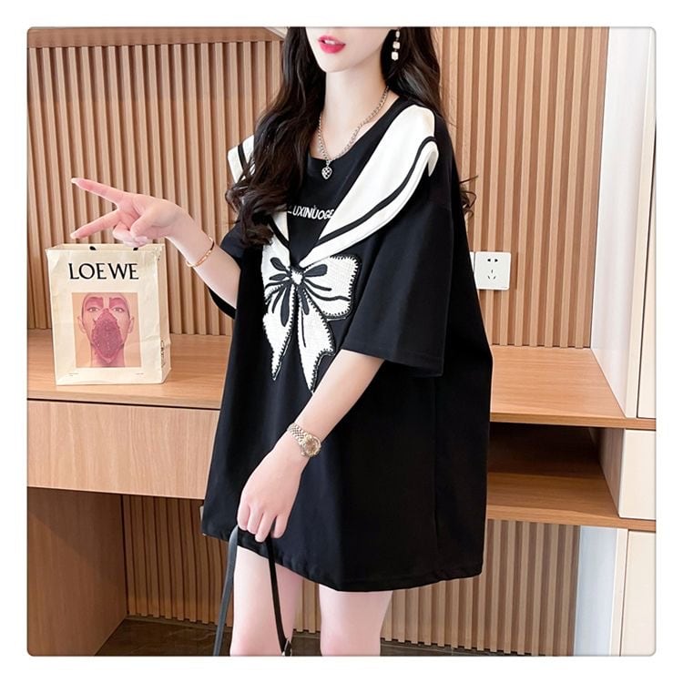 夏新作 キュート レイヤード風 プリントTシャツ 2色 ゆったり半袖<ins-8226>