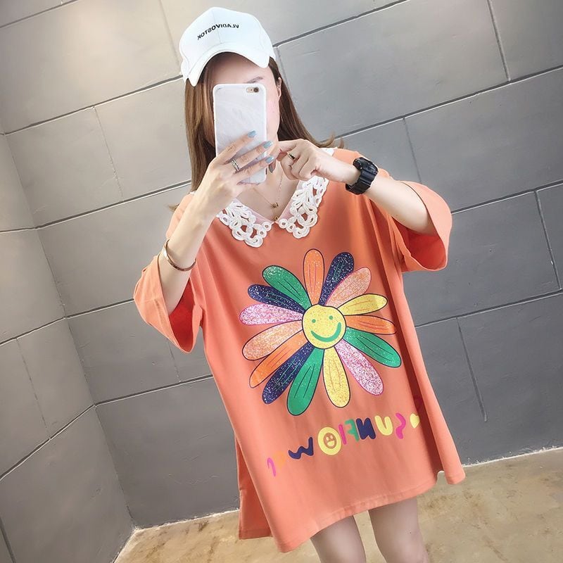 大人可愛い ゆったり ロング丈 切り替え 三色半袖Tシャツ<ins-8129>