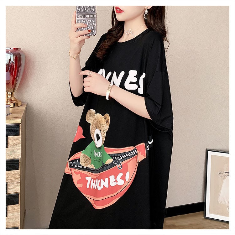 スタイリッシュ カジュアル プリント Tシャツ カットソー ワンピース<ins-8285>