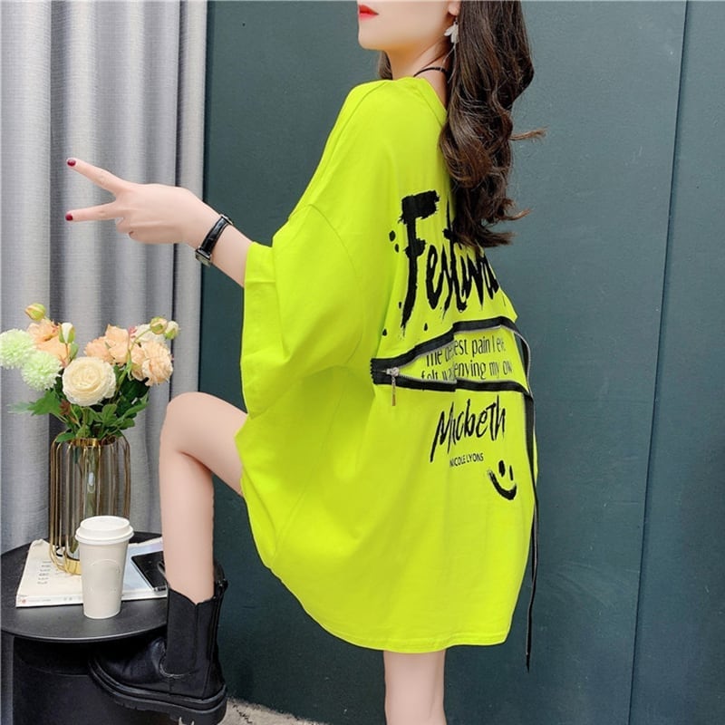 デザイン感 チャーミング 切り替え プリント Tシャツ カットソー<ins-3578>