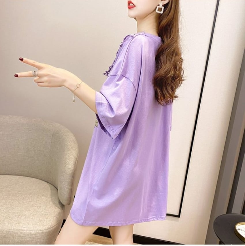 着回し力抜群 カジュアル プリント ビッグロゴ レース 切り替え 半袖Tシャツ 全3色<ins-8423>