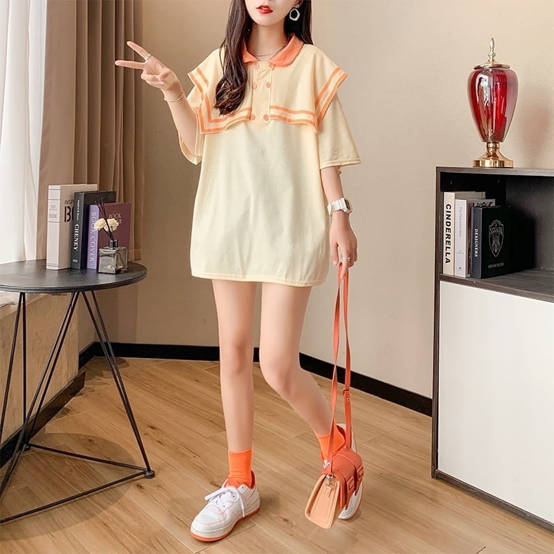 絶対欲しい セーラーカラー ロング Tシャツ 三色 ゆったりワンピース<ins-4028>