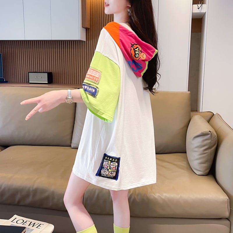 絶対流行 カジュアル プリント 切り替え 半袖Tシャツ カットソー<ins-8247>