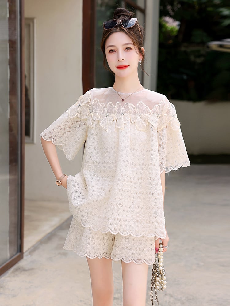 【人気急上昇中!】絶対欲しい上品 知的 レース 透かし彫り 半袖Tシャツⅹパンツセット<ins-8216>