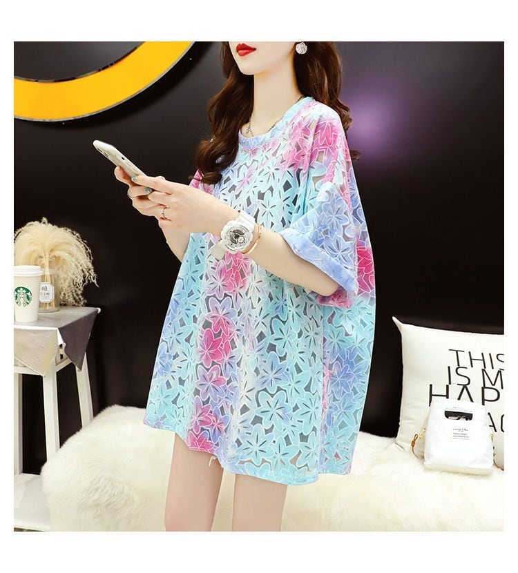 美人度アップ スウィート ゆったり 透かし彫り 半袖Tシャツ<ins-8140>