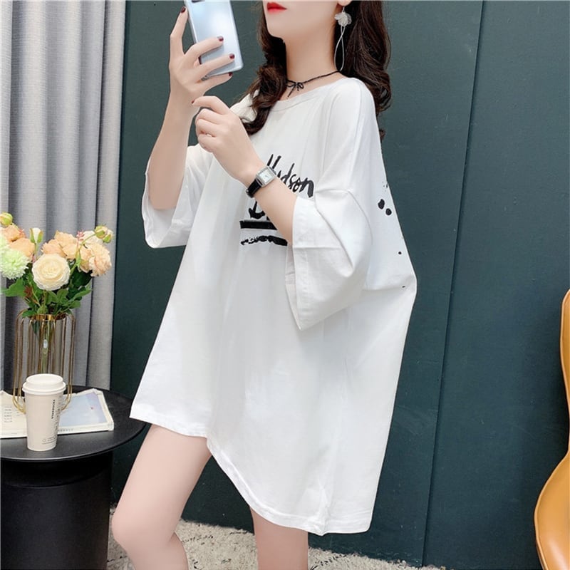 デザイン感 チャーミング 切り替え プリント Tシャツ カットソー<ins-3578>