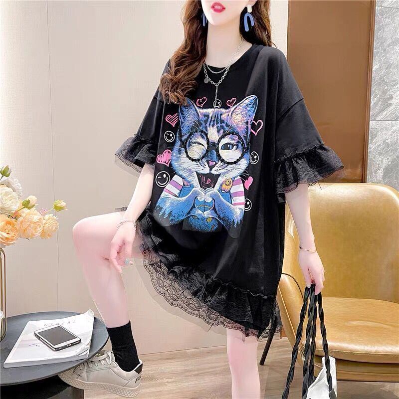 話題沸騰中 キュート ゆったり ロング丈 切り替え 2色半袖Tシャツ<ins-8133>