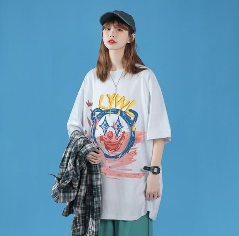 話題沸騰中 カジュアル  ゆったり プリント 2色半袖Tシャツ<ins-8159>