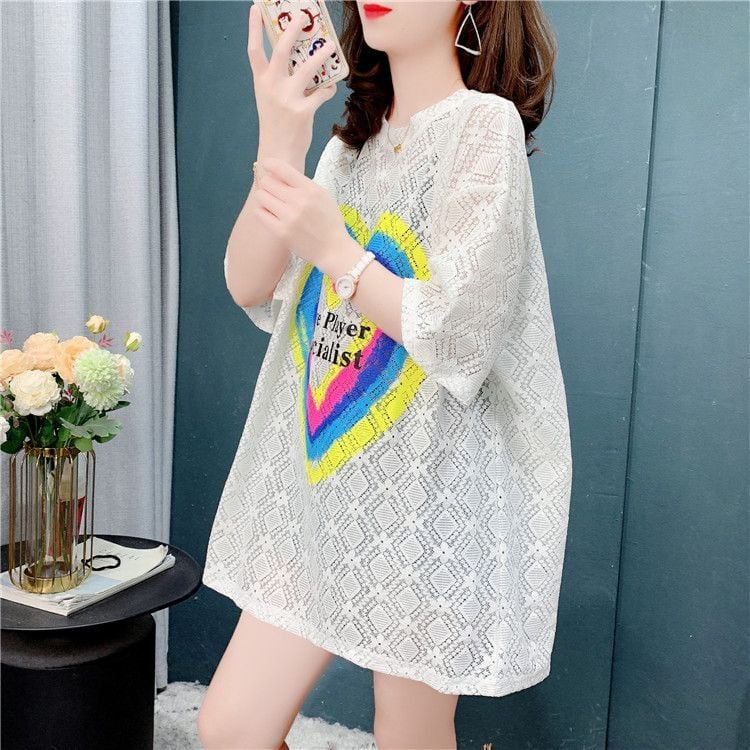 売り切れ必至 キュート ゆったり 透かし彫り半袖Tシャツ<ins-8134>