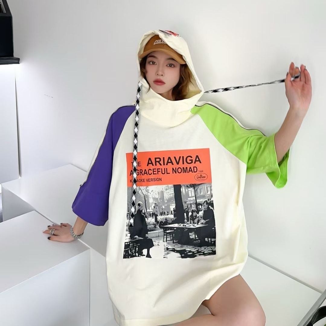 売り切れ必至 カジュアル プリント 切り替え 半袖Tシャツ カットソー<ins-8257>