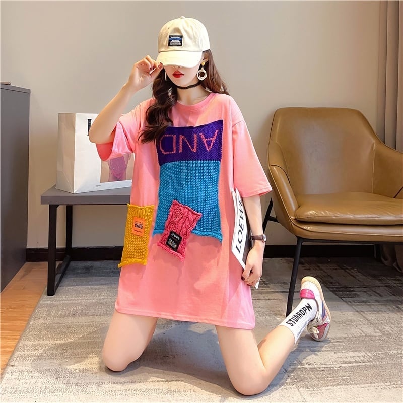 【半額!期間限定!!】ゆったりロング丈切り替え三色半袖Tシャツ<ins-1565>