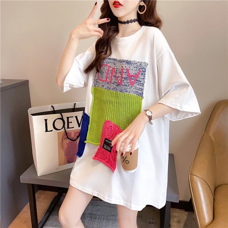 【半額!期間限定!!】ゆったりロング丈切り替え三色半袖Tシャツ<ins-1565>